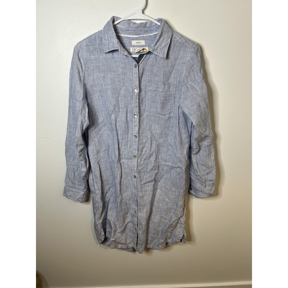 C&C California Shirt Wm Sm Blue White Striped Linen Button Down Tunic Boho Chic